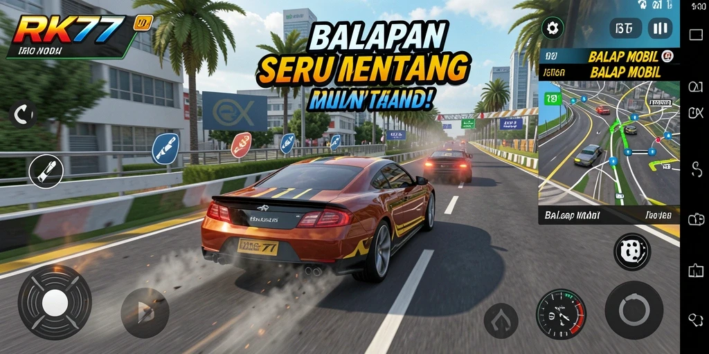 Antarmuka permainan RK77 dengan mobil balap yang siap berlaga.
